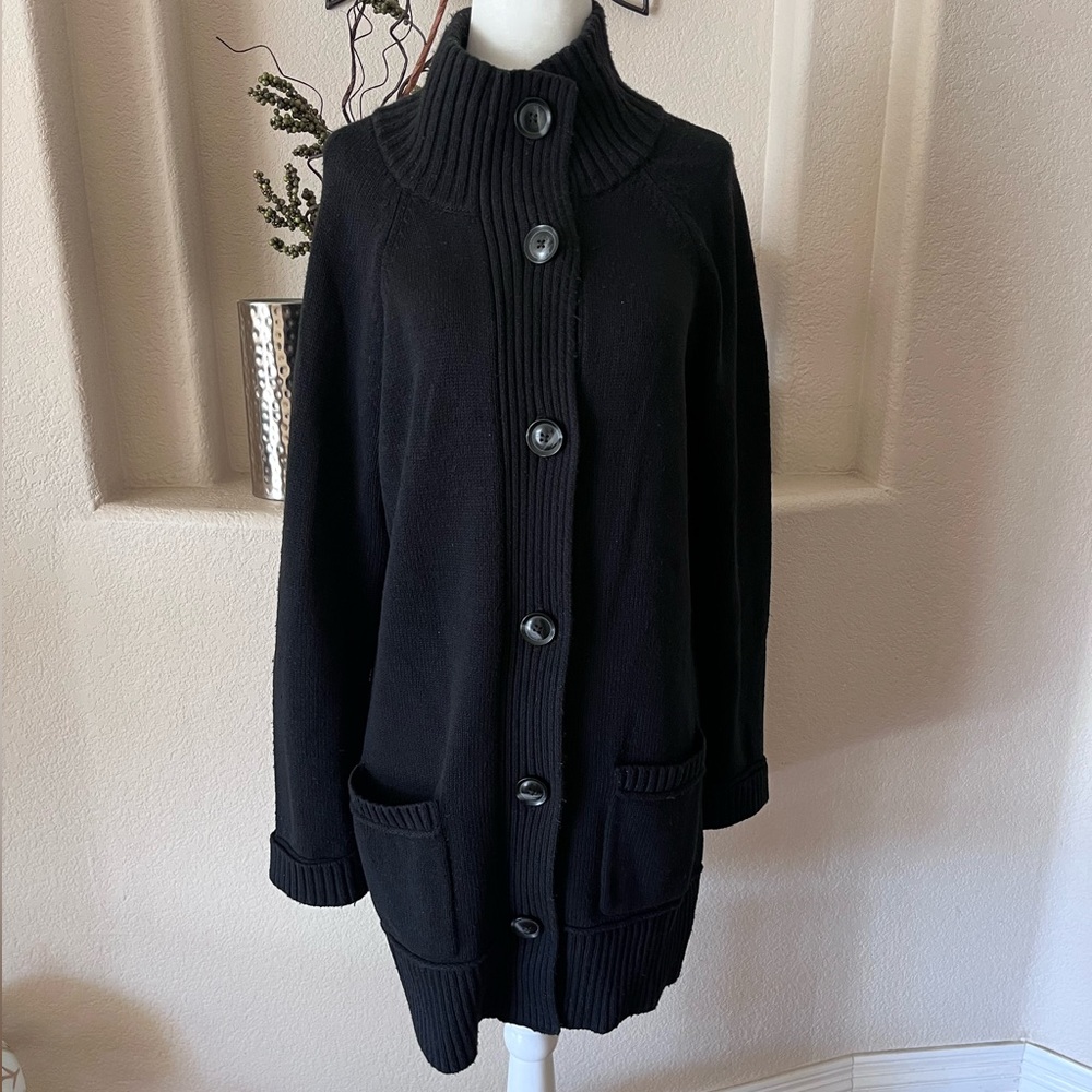 Eddie Bauer Black Button Front Long Line Ribbed Collar Cardigan Womens Large